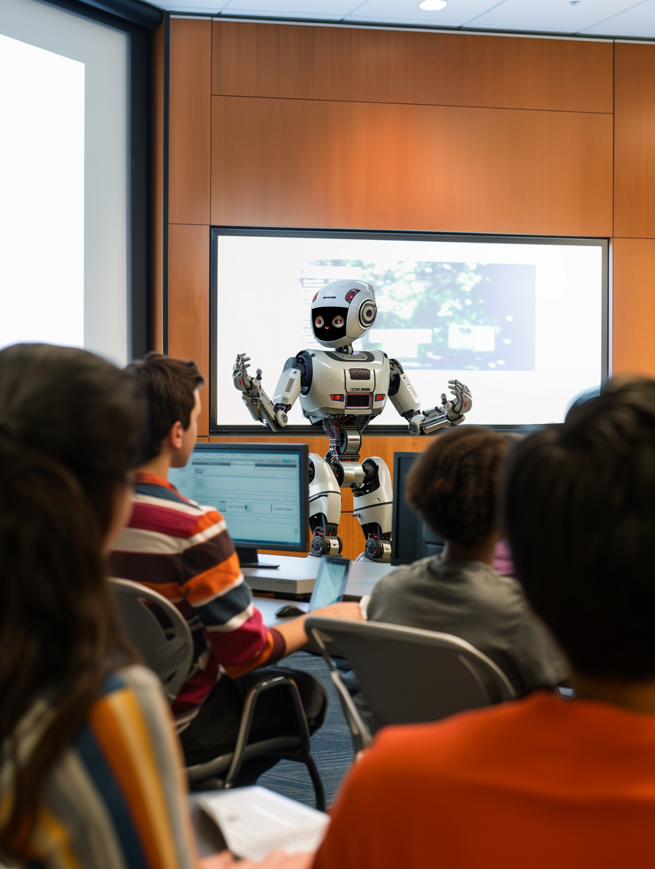 Inteliagentes: Foto realista robot colaborando con estudiantes en un salon de clases Inteliagentes: Foto realista robot colaborando con estudiantes en un salon de clases
